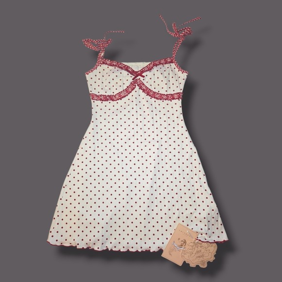 Lacemade Cheryl Mini Dress Red Polka Dot Pointelle Knit Coquette White Size S - Picture 4 of 9